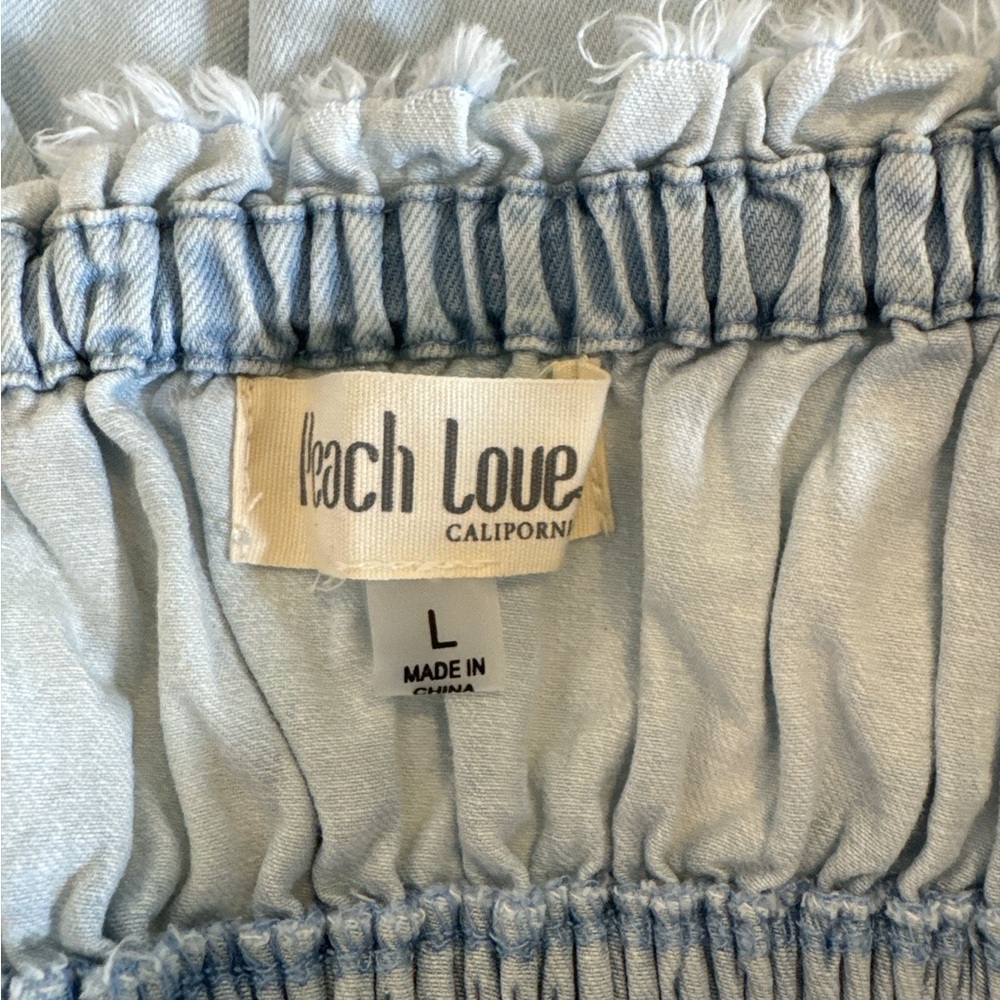 PEACH LOVE CALIFORNIA Sky Blue Denim Romper, Size L. - Picture 3 of 9